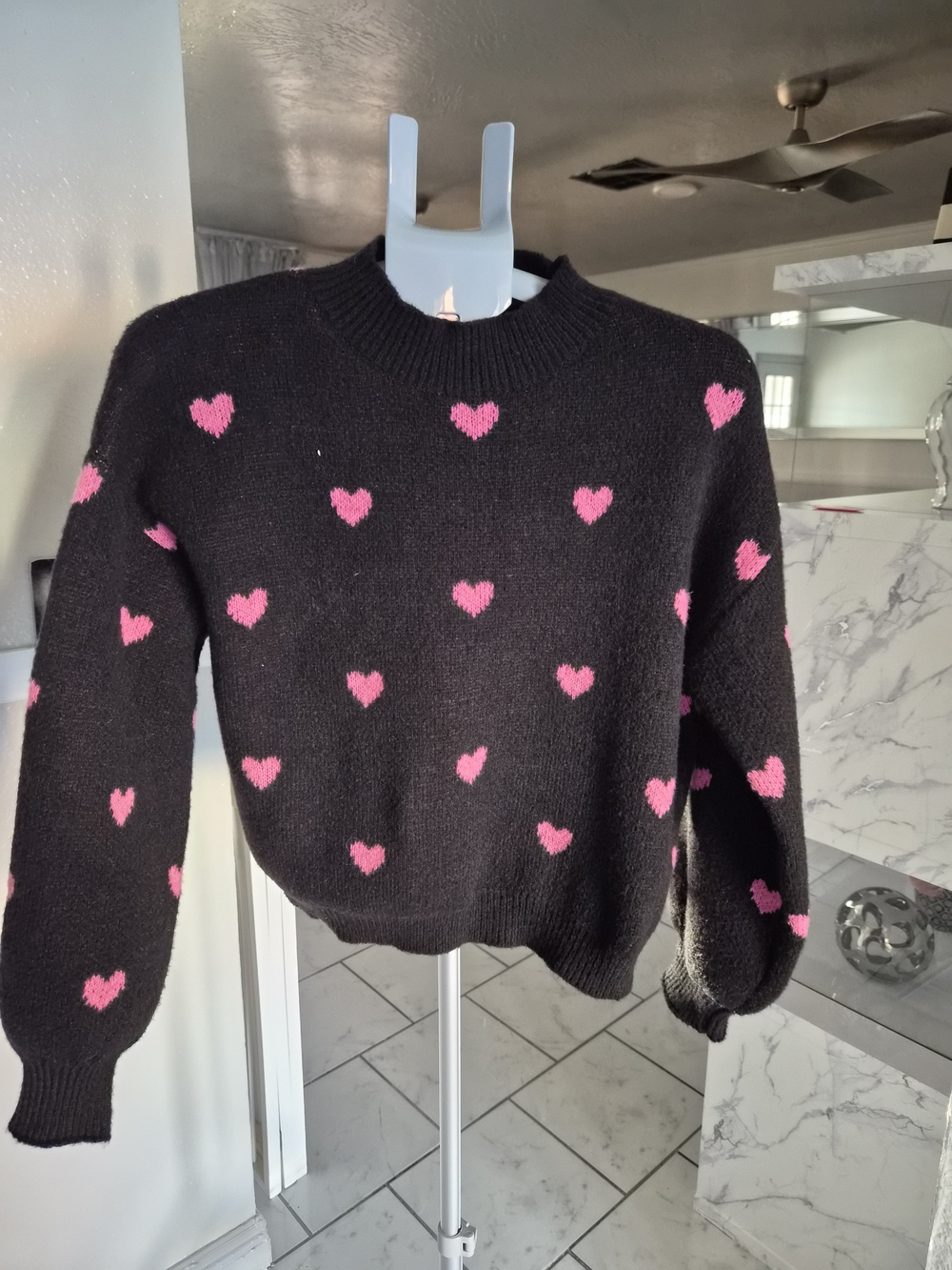 Women's Black Crewneck Sweater with Pink Heart Motif